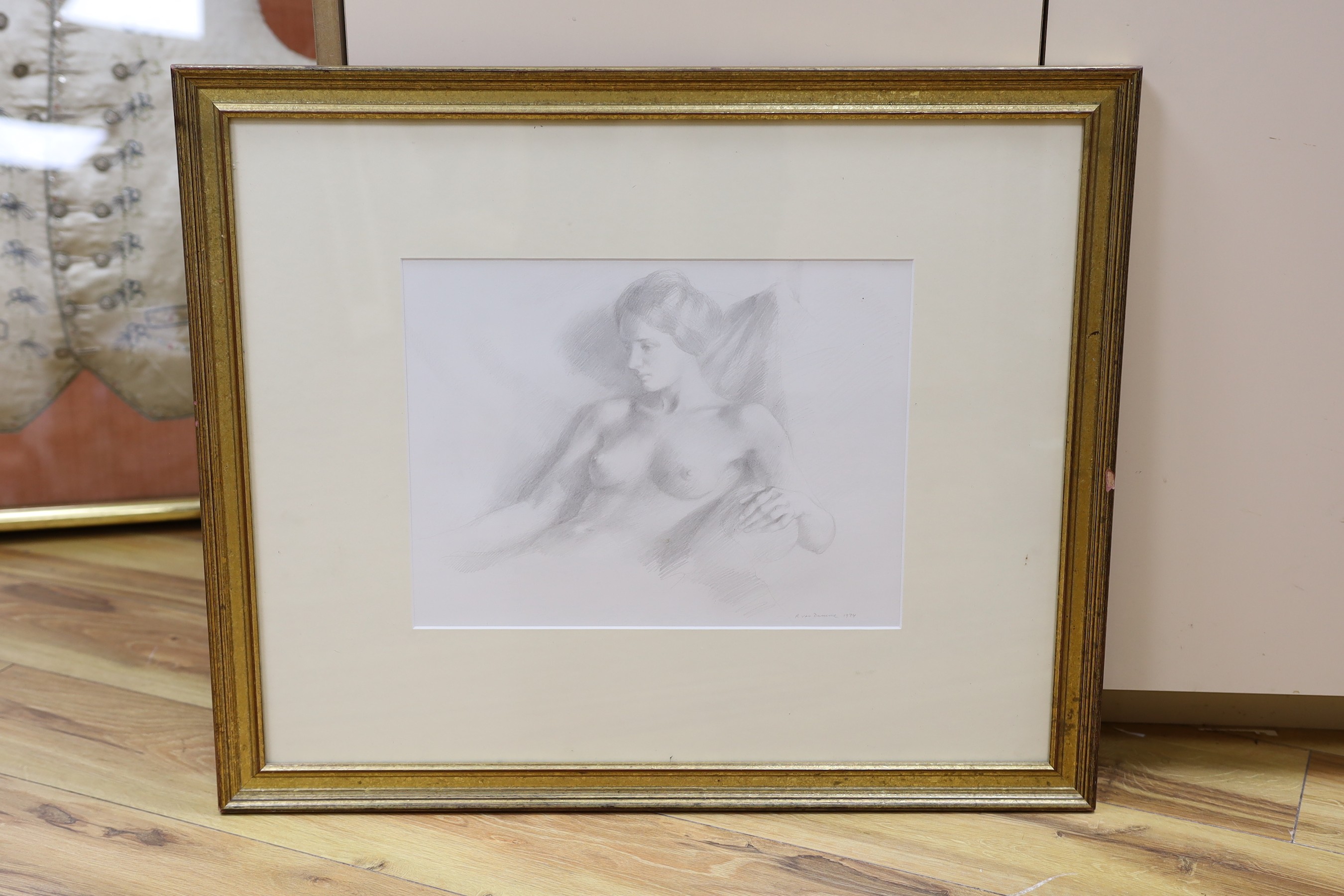 Roger Van Damme (1921-), pencil drawing, Female nude, signed and dated 1974, 28 x 37cm